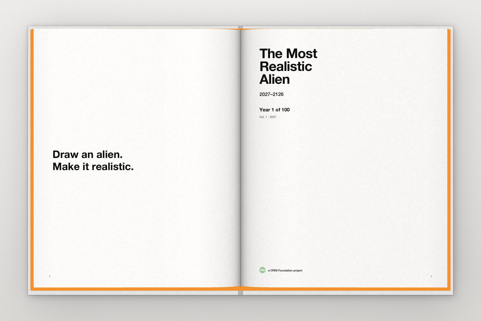 Vol. 1 open at its title spread: the two instructions on the left; on the right the name, 2027–2126, Year 1 of 100, Vol. 1 · 2027