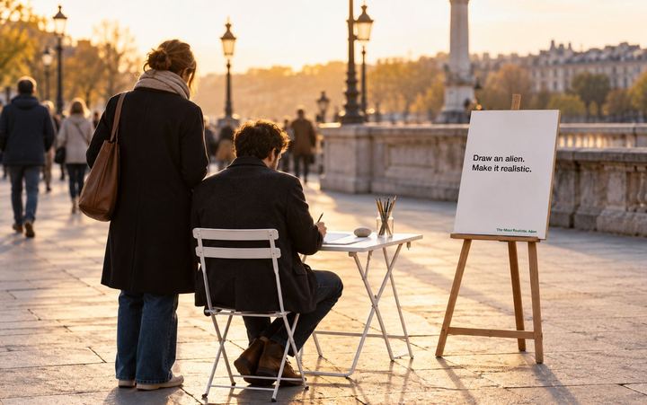 Imagined: A drawing table on a street, with the easel and its sign